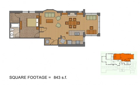 Floor plan for 1 bed, 1 bath, 843 sqft
